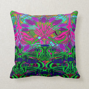 Neon Green and Hot Pink Flower Garden Pattern Cushion