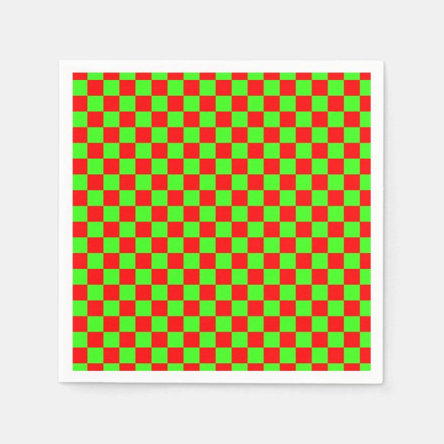 Neon Green and Red Chequered Chequerboard Vintage Napkin (Front)
