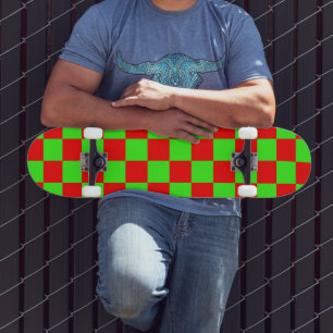 Neon Green and Red Chequered Chequerboard Vintage Skateboard