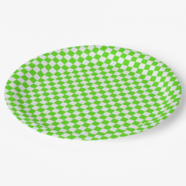 Neon Green and White Chequered Paper Plates (Angled)
