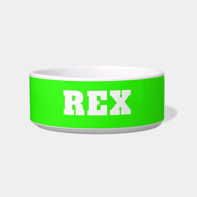 Neon Green and White Modern Name Pet Bowl (Front)