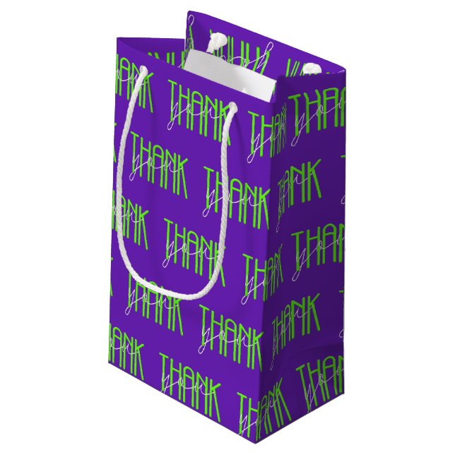 neon green and white thank you small gift bag (Back Angled)