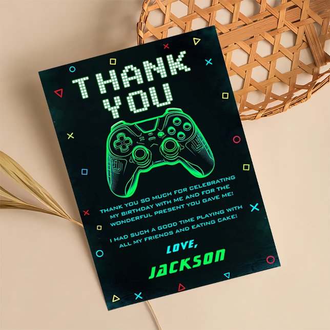 Neon Green Arcade Video Game Birthday Thank You Card (Creator Uploaded)