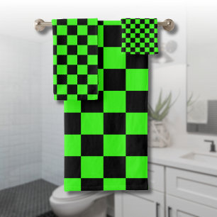 Neon Green Black Chequered Chequerboard Vintage Bath Towel Set