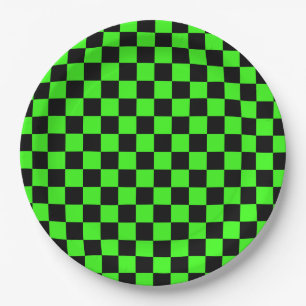 Neon Green Black Chequered Chequerboard Vintage Paper Plate