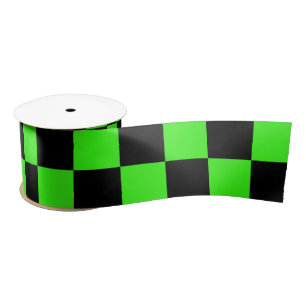Neon Green Black Chequered Chequerboard Vintage Satin Ribbon
