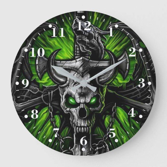 Neon Green Black Gothic Skull Winged Monster Large Clock (Front)