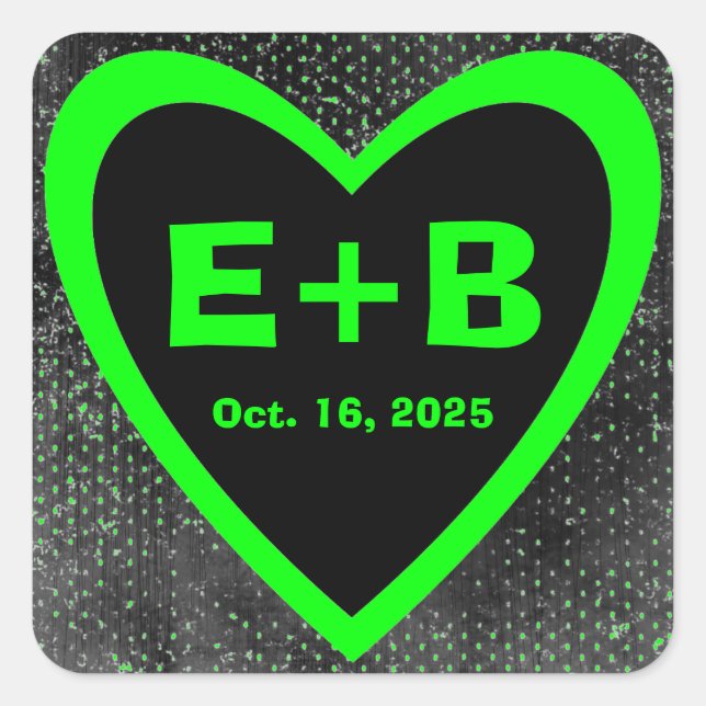 Neon green black heart wedding grunge stickers (Front)
