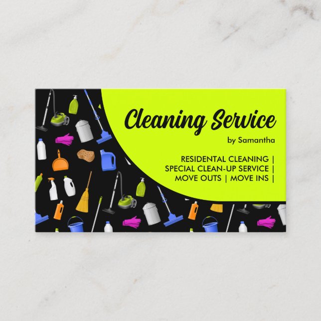 Neon Green Black Modern House Cleaning Service Business Card (Front)