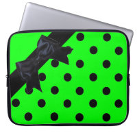 Neon green black polka dot ribbon laptop sleeve