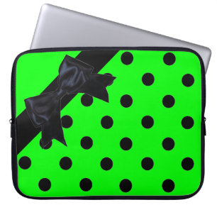 Neon green black polka dot ribbon laptop sleeve