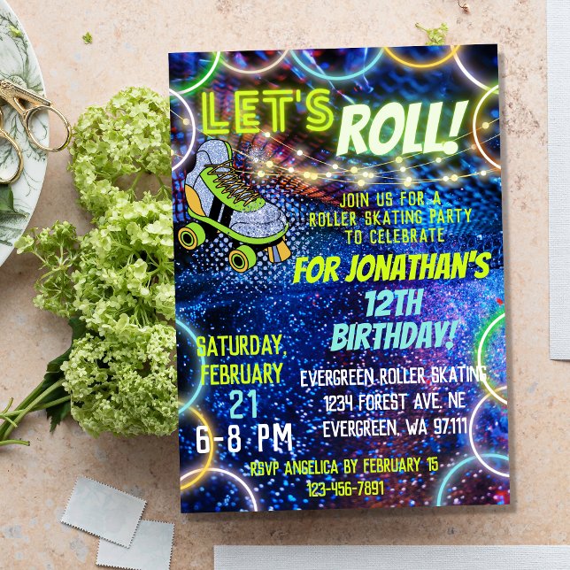 Neon Green Blue Boy Lets Roll Roller Skating Party Invitation (Creator Uploaded)