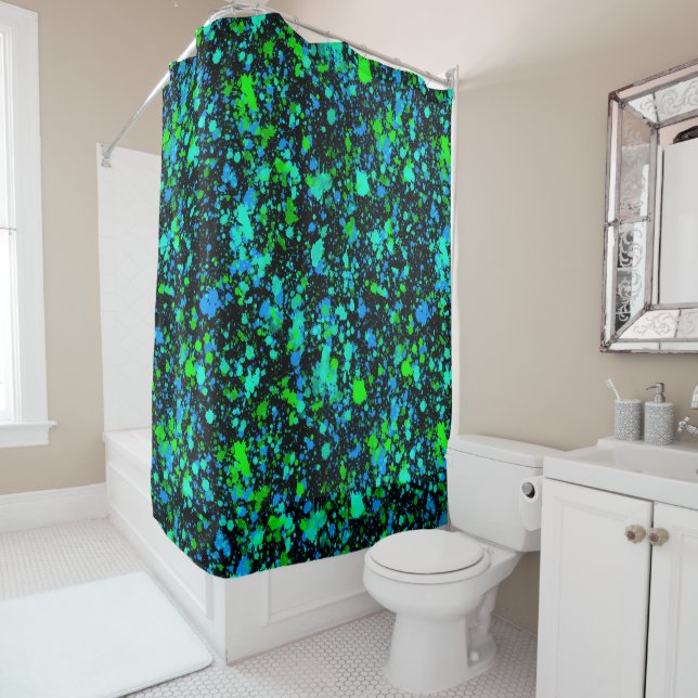 Neon Green Blue Paint Splatter Retro Shower Curtain (In Situ)