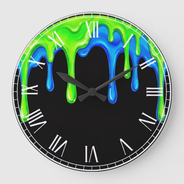 Neon Green & Blue Slime Drip Black Gamer Graffiti  Large Clock (Front)