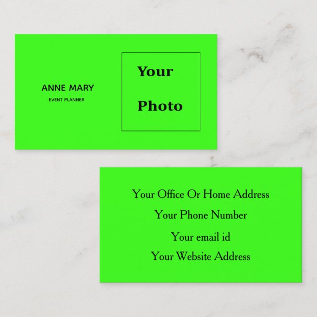 Neon Green Bright Colourful Custom Photo Name Cool Business Card (Front/Back)