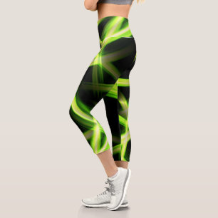 Neon Green Bright Lights Streaks Black Capri Leggings