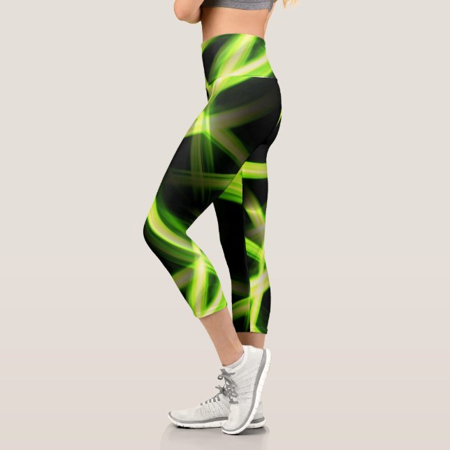 Neon Green Bright Lights Streaks Black Capri Leggings (Left)