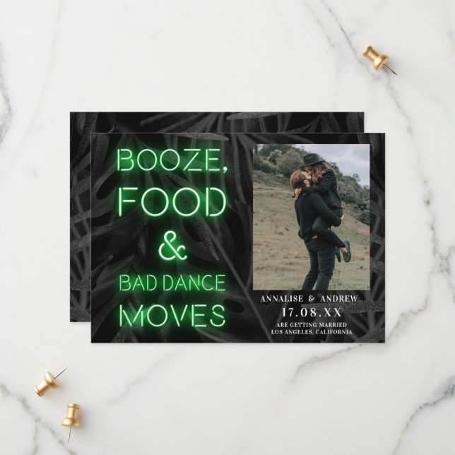 Neon green casual palm leaf save the date photo (Front/Back In Situ)