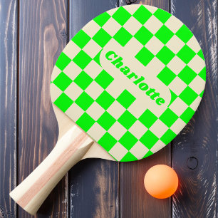 Neon Green & Cream Chequered with Name Ping Pong Paddle