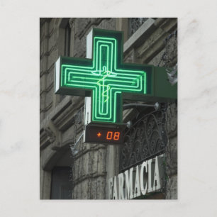 Neon Green cross outside Farmacia (Drug store or Postcard