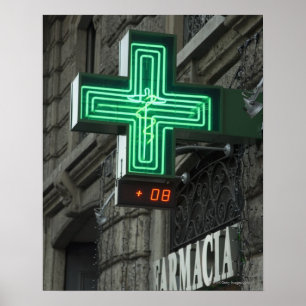 Neon Green cross outside Farmacia (Drug store or Poster