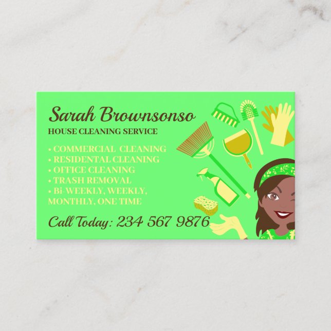 Neon Green Dark Skin Janitorial Lady Cleaning Business Card (Front)