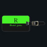 Neon Green Double Colour Black Monograms Name Cool Luggage Tag<br><div class="desc">Monogrammed initial and also personal details like name,  address,  phone number and email all of which you can edit. Designed with attractive solid neon green colour background,  you can change the colour if you wish. Cool travel gift idea for him or her.</div>