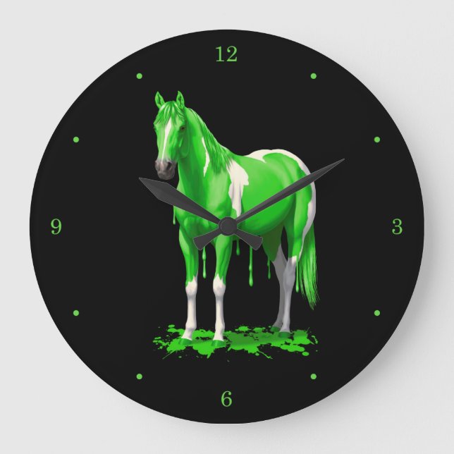 Neon Green Dripping Wet Paint Horse Large Clock (Front)