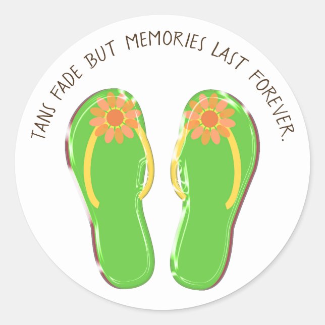neon green flip-flops with flower and quote classic round sticker (Front)