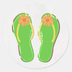 neon green flip-flops with flower classic round sticker