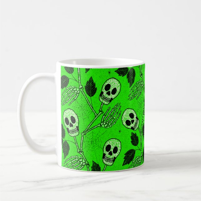 Neon Green Floral Gothic Skull  Coffee Mug (Left)
