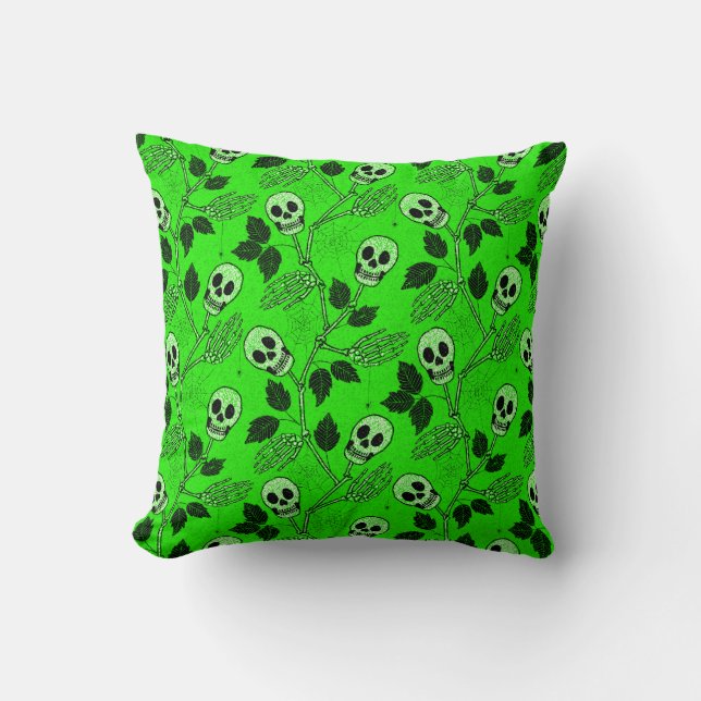 Neon Green Floral Gothic Skull  Cushion (Front)