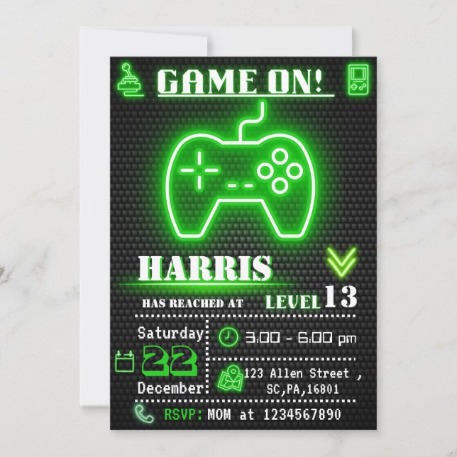 Neon Green Gamer Birthday Party Invitation (Front)