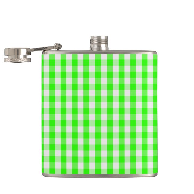 Neon Green Gingham Pattern by Shirley Taylor Hip Flask (Opened)