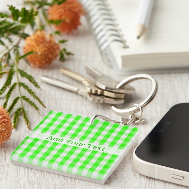 Neon Green Gingham Pattern by Shirley Taylor Key Ring (Front Right)