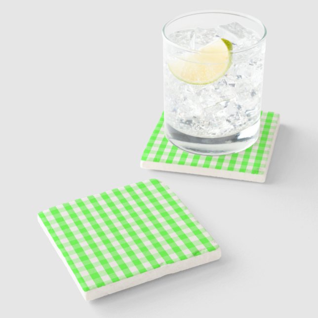 Neon Green Gingham Pattern by Shirley Taylor Stone Coaster (Side)