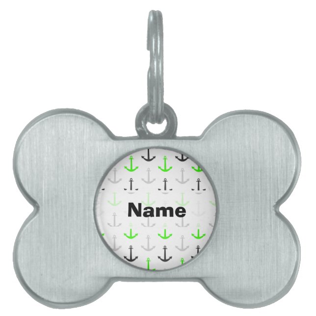 Neon Green, Grey, Anchors; Nautical Pet Tag (Front)