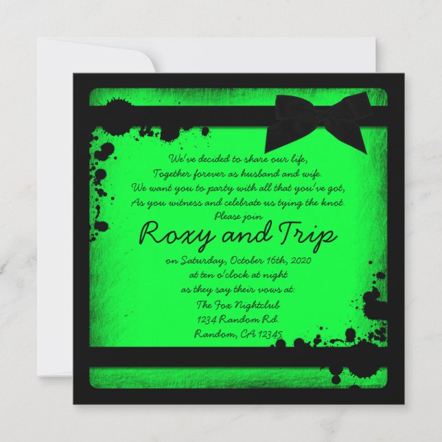 Neon green grunge black ribbon wedding invites (Front)