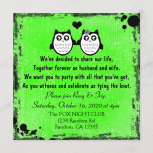 Neon green grunge owl punk wedding invitations