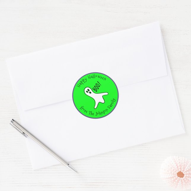 Neon Green Happy Halloween Cute Scary Spooky Ghost Classic Round Sticker (Envelope)