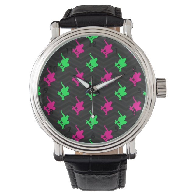 Neon Green, Hot Pink, Skater, Black Chevron Watch (Front)
