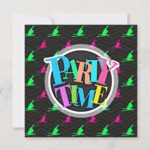 Neon Green, Hot Pink, Snow Ski, Black Chevron Invitation