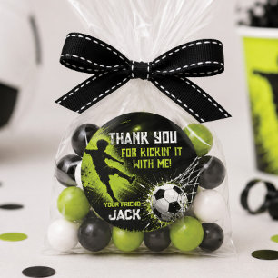 Neon Green Kick Off the Fun Soccer Birthday Favour Classic Round Sticker