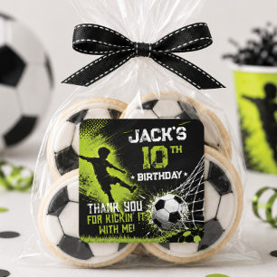Neon Green Kick Off the Fun Soccer Birthday Party Square Sticker