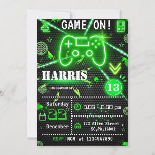 Neon Green Laser Tag Gamer Birthday Party Invitation