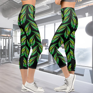 Neon green leaves - fractal art, capri leggings
