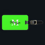 Neon Green Monogram Initial Custom Name Bright Luggage Tag<br><div class="desc">Monogrammed initial and also personal details like name,  address,  phone number and email all of which you can edit. Designed with attractive solid neon green colour background,  you can change the colour if you wish. Cool travel gift idea for him or her.</div>