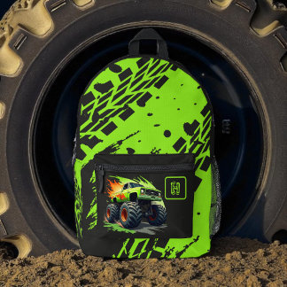 Neon Green Monster Truck Boys Monogram Printed Backpack