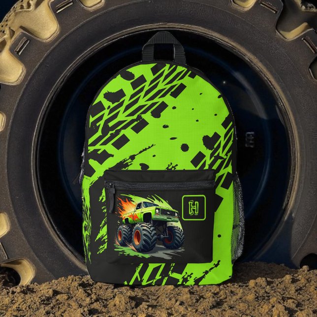 Neon Green Monster Truck Boys Monogram  Printed Backpack (Creator Uploaded)