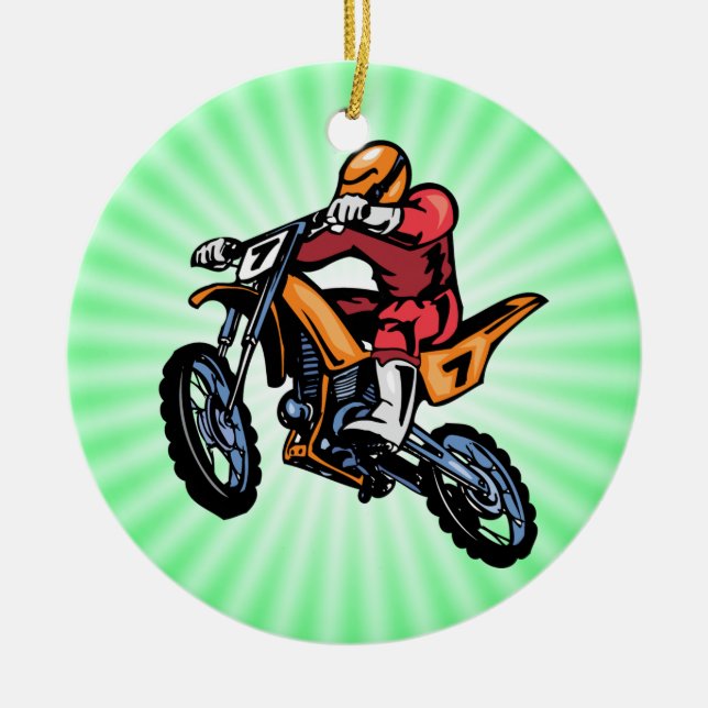 Neon Green Motocross Ceramic Tree Decoration (Front)